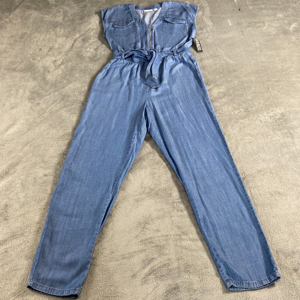New York & Company‎ Jumpsuit Women M Blue Chambray Zip Front Belted Utility Chic